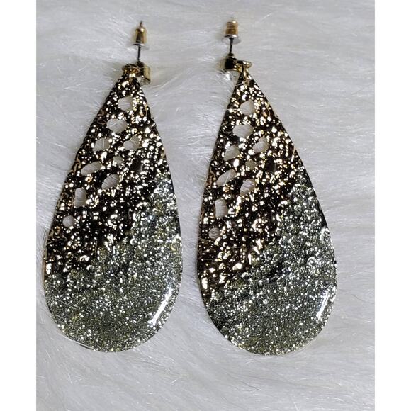 NEW Women's Jewelry Gold-Silver Tone Glitter Teardrop Earrings - Picture 2 of 4